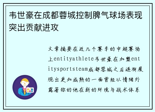 韦世豪在成都蓉城控制脾气球场表现突出贡献进攻